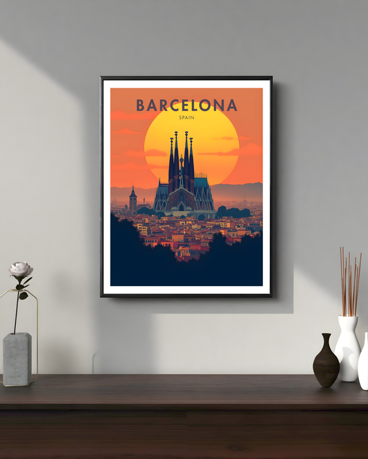 Barcelona Sunset Travel Poster